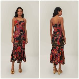 Farm Rio Shiny Chita Tropical Floral Ruffle Sleeveless Maxi Dress Black XL New